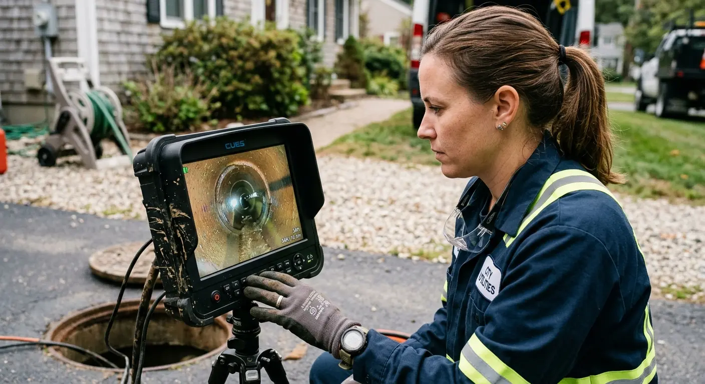Technician reviewing sewer camera inspection footage in Lenexa