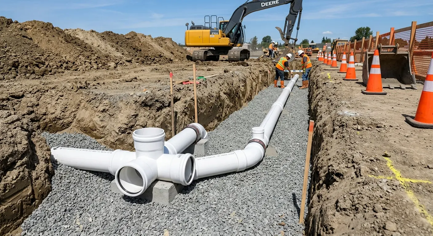 New PVC sewer pipe installation in open trench for Commercial Drain Cleaning in Lenexa