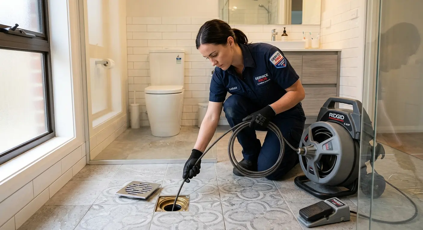 Technician clearing a bathroom floor drain for Drain Repair in Lenexa